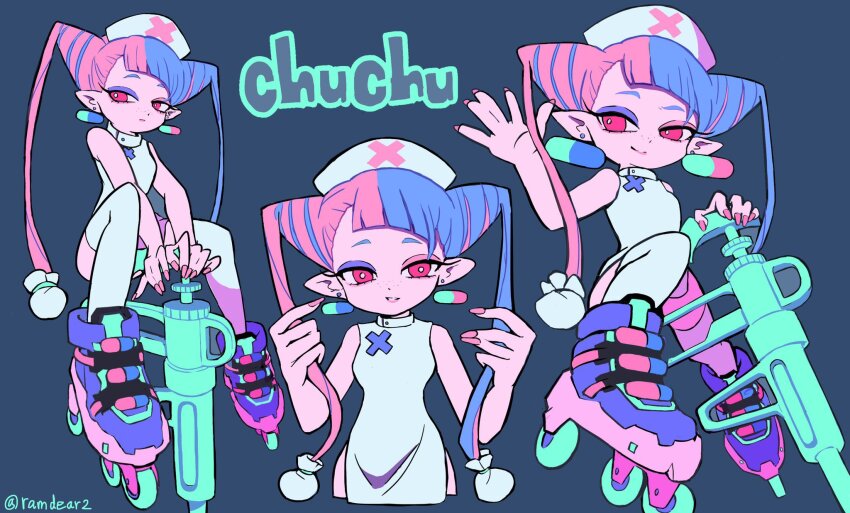 1girl, blue_footwear, character_name, chuchu_(kung-fu-piggy), dress, earrings, hat, highres, holding, holding_own_hair, jewelry, kung-fu-piggy, looking_at_viewer, multicolored_hair, nurse_cap, pink_eyes, pink_nails, ramudia_(lamyun), roller_skates, side_slit, sitting, skates, smile, socks, twintails, two-tone_hair, white_dress, white_socks