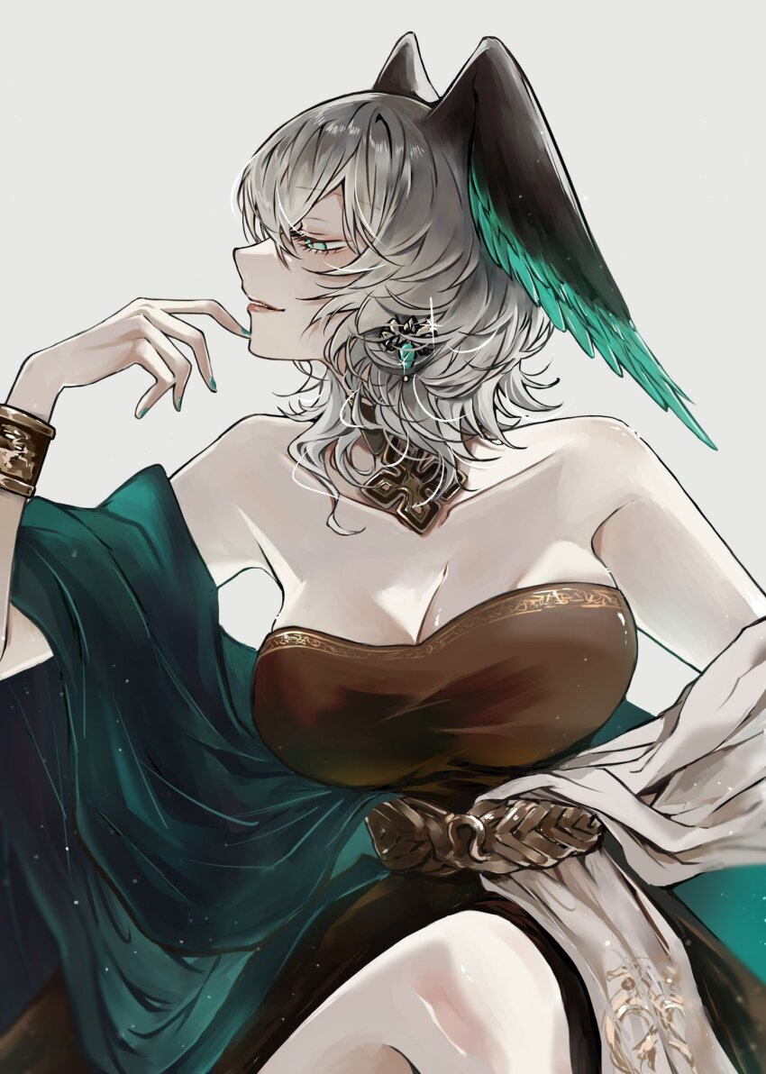 1girl, aqua_eyes, aqua_feathers, aqua_nails, aqua_shawl, aqua_wings, arknights, bare_arms