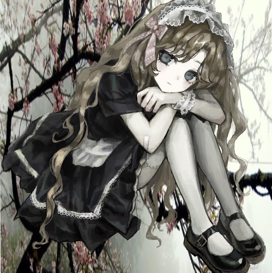 1girl, bandaid, bandaid_on_arm, black_dress, blue_eyes, bow, brown_hair, closed_mouth