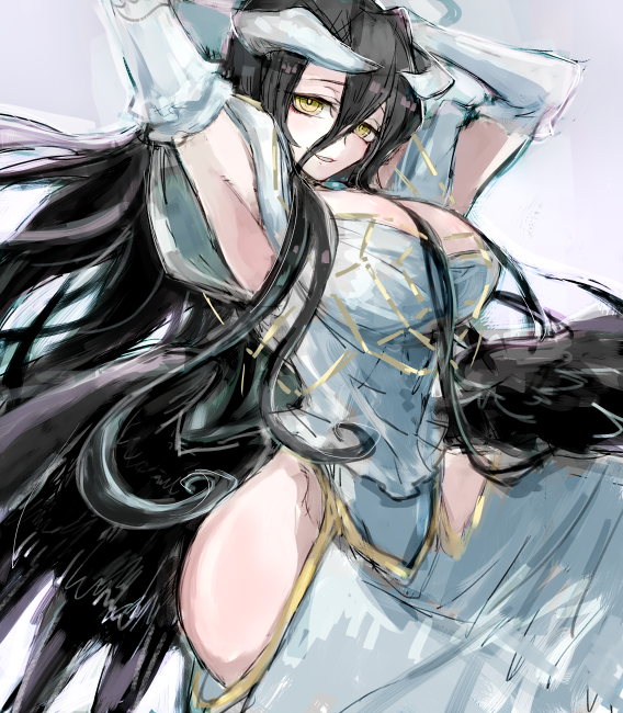 1girl, albedo_(overlord), black_hair, breasts, demon_girl, demon_horns, demon_wings, dress
