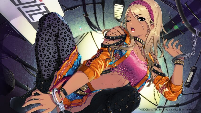 alternate_hair_color, animal_print, asymmetrical_footwear, black_choker, black_eyes, black_thighhighs, blonde_hair, breasts, choker, cleavage, colorized, commentary_request, copyright_notice, crop_top, cuffs, derivative_work, dutch_angle, earrings, fishnet_sleeves, fishnets, ganguro, gyaru, hairband, handcuffs, head_tilt, idolmaster, idolmaster_shiny_colors, izumi_mei, jewelry, keke_(user_zech7732), leopard_print, manba_gyaru, medium_breasts, miniskirt, navel, nurimas, official_art, one_eye_closed, orange_hair, pink_hairband, pleated_skirt, skirt, spread_legs, squatting, tan, thighhighs