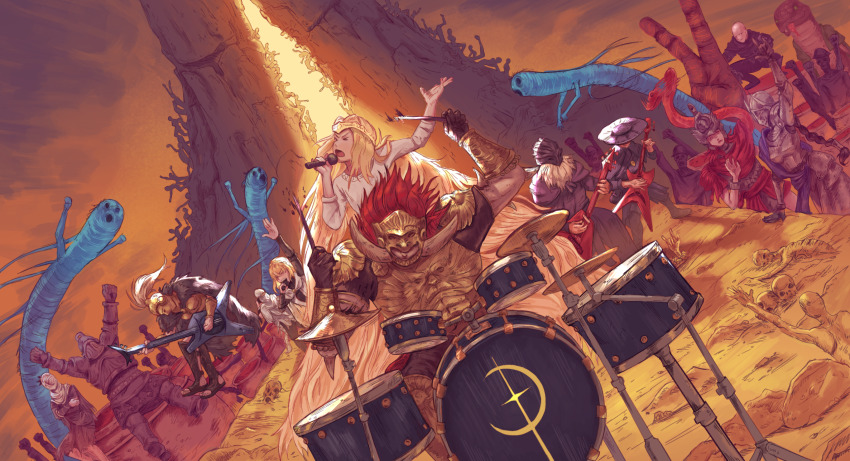 3girls, 6+boys, absurdly_long_hair, armor, armor_under_clothes, bald, band_(music), beard