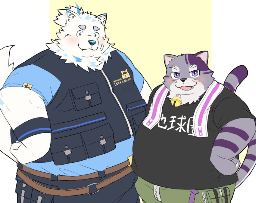 2boys, :3, animal_ear_fluff, animal_ears, bandaid, bandaid_on_face, bell, belly