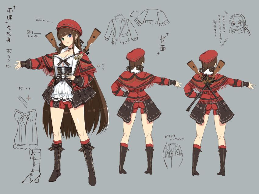 1girl, adapted_costume, ass, back_holster, belt, blue_eyes, blunt_ends, blush, boots, bow, breasts, brown_bow, brown_footwear, brown_hair, chest_bow, chibi, chibi_inset, cleavage, commentary_request, concept_art, corset, earrings, full_body, gluteal_fold, green_eyes, grey_background, gun, hairband, hand_on_own_hip, heterochromia, highres, holstered, jacket, jewelry, large_breasts, long_hair, looking_at_viewer, low_twintails, multiple_views, notes, o-ring, o-ring_belt, official_alternate_costume, official_alternate_hairstyle, official_art, open_mouth, poncho, production_art, red_jacket, red_shawl, red_shorts, reference_sheet, ribbon-trimmed_shirt, ribbon_trim, rifle, ryoubi_(senran_kagura), senran_kagura, senran_kagura_new_link, senran_kagura_shinovi_versus, shawl, shirt, short_shorts, shorts, simple_background, standing, translation_request, turnaround, twintails, variations, very_long_hair, weapon, white_shirt