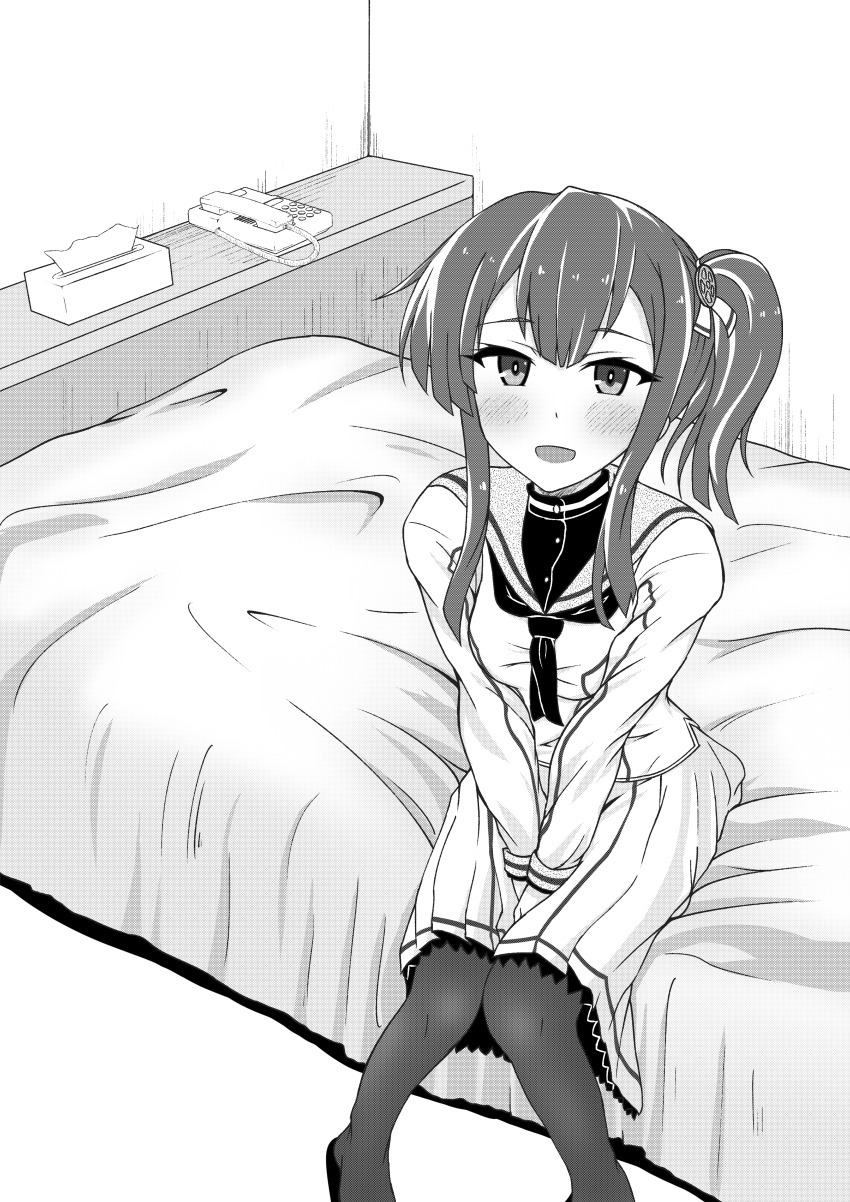 1girl, :d, absurdres, ayanokouji_martial_arts_school_uniform, bed, blush, commentary_request, corded_phone