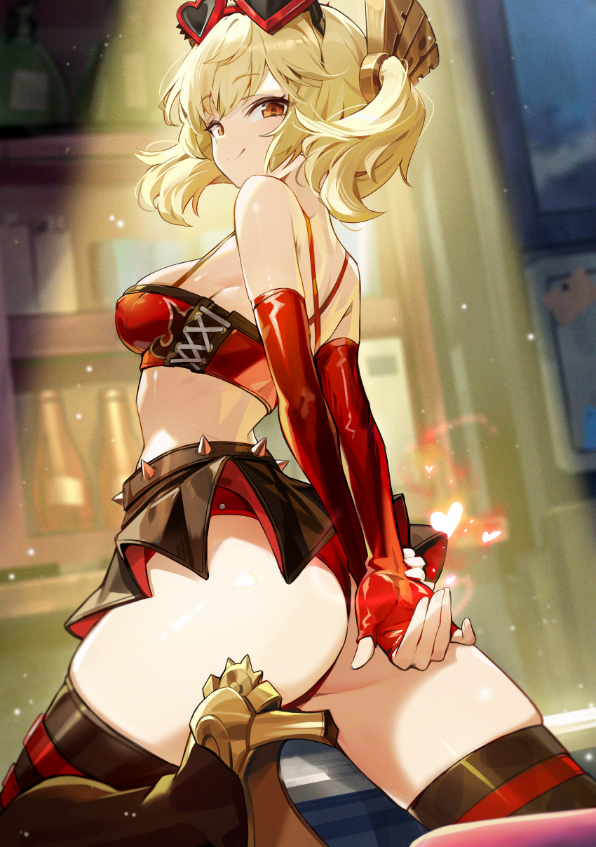 1girl, absurdres, ass, back, bare_shoulders, belt, black_belt, black_boots