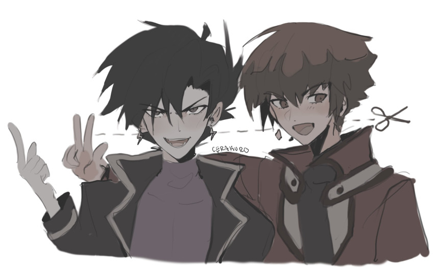 2boys, alternate_hairstyle, black_hair, brown_eyes, brown_hair, cerakuro, ear_piercing, grey_eyes