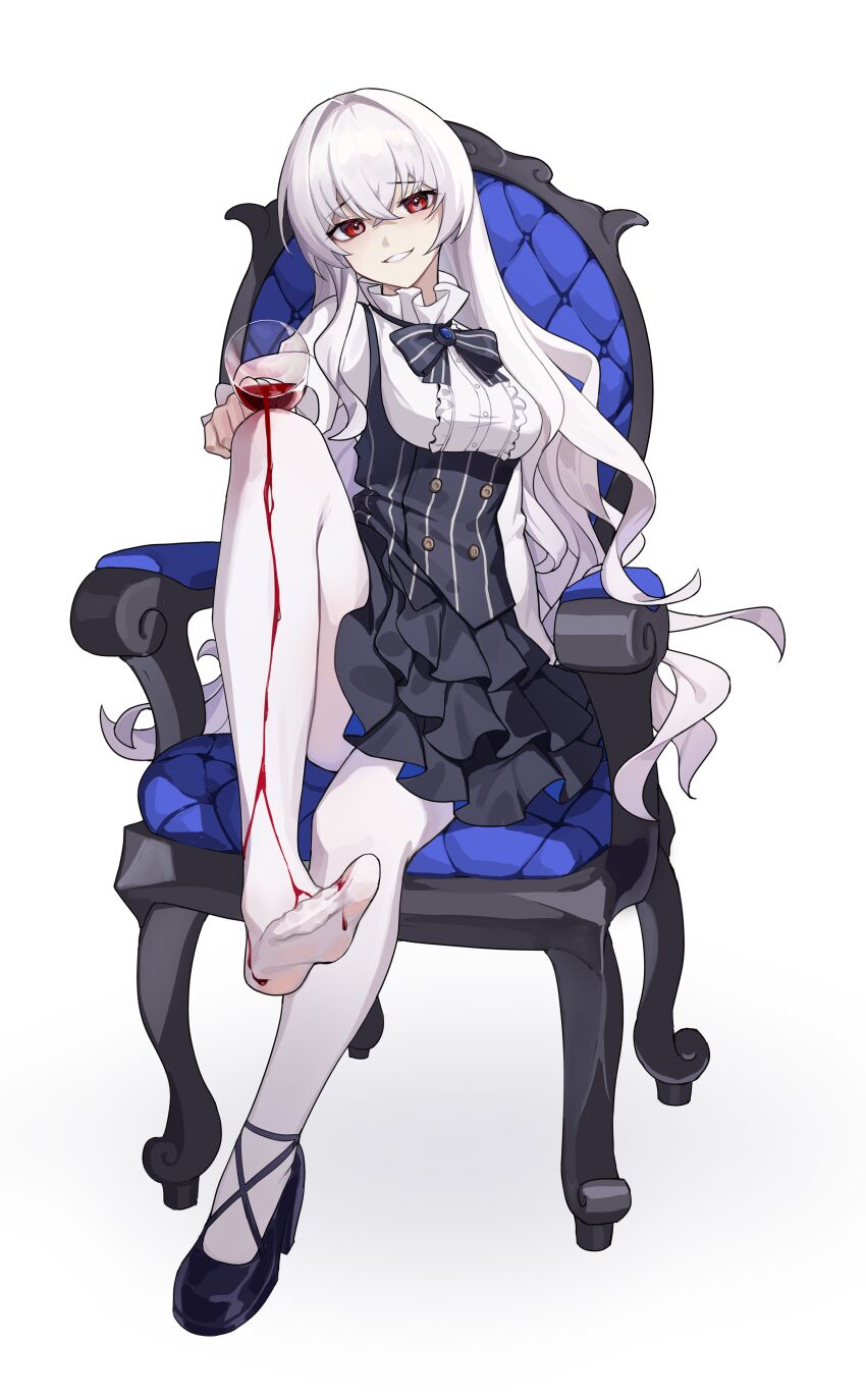 1girl, absurdres, alcohol, allan_poe_(honkai_impact), black_bow, black_bowtie, black_dress, bow, bowtie, breasts, chair, commission, cup, dress, drinking_glass, full_body, grin, highres, holding, holding_cup, honkai_(series), honkai_impact_3rd, kather, long_sleeves, looking_at_viewer, medium_breasts, pantyhose, pinafore_dress, puffy_long_sleeves, puffy_sleeves, red_eyes, second-party_source, shirt, shoes, simple_background, single_shoe, sitting, sleeveless, sleeveless_dress, smile, soles, solo, wavy_hair, white_background, white_hair, white_pantyhose, white_shirt, wine, wine_glass