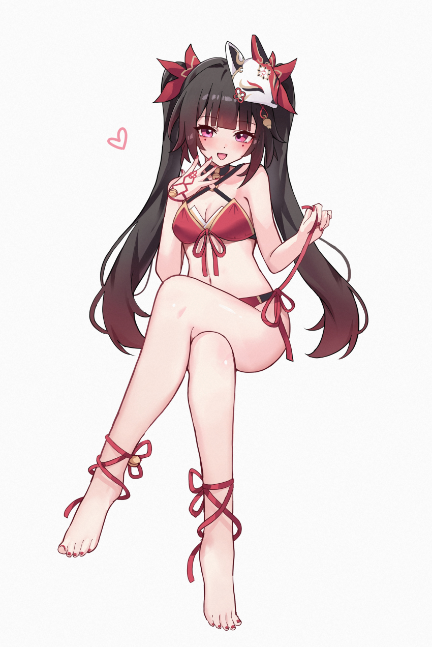 1girl, absurdres, alternate_costume, barefoot, bikini, blush, breasts, brown_hair