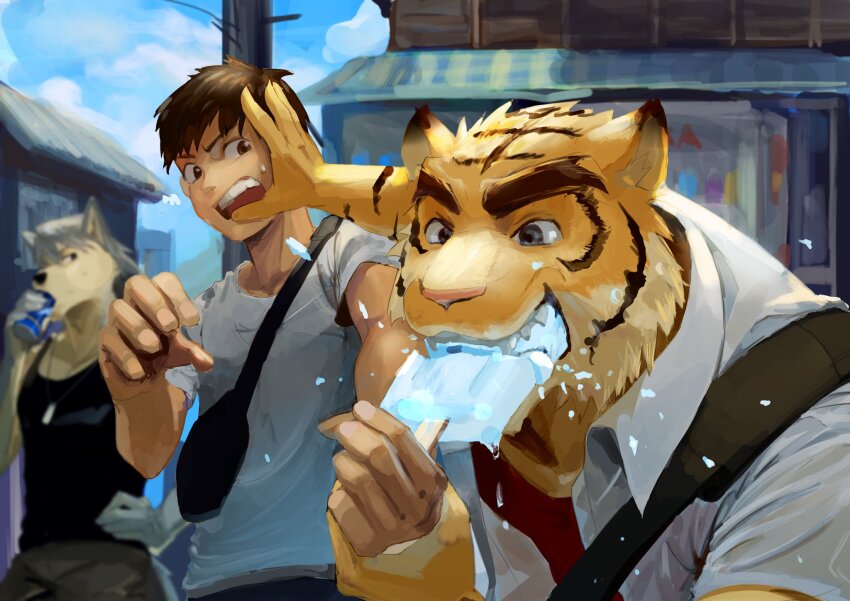 3boys, angry, animal_ear_fluff, animal_ears, bag, biting, black_tank_top, can