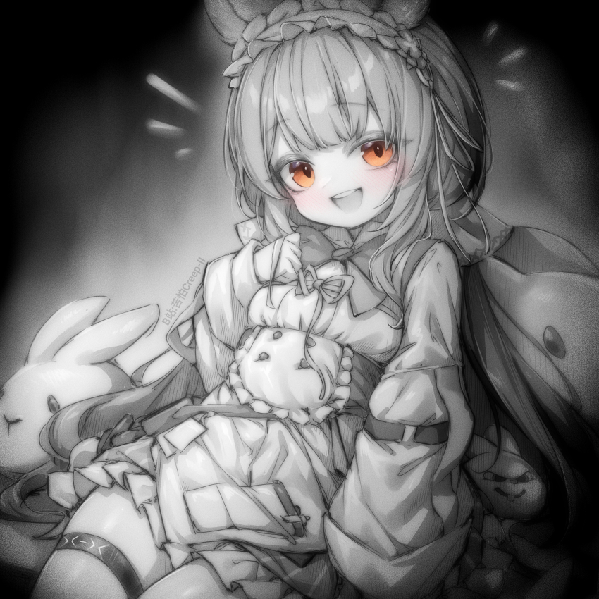 1girl, :d, animal_ears, arknights, black_background, dress, frilled_hairband, frills