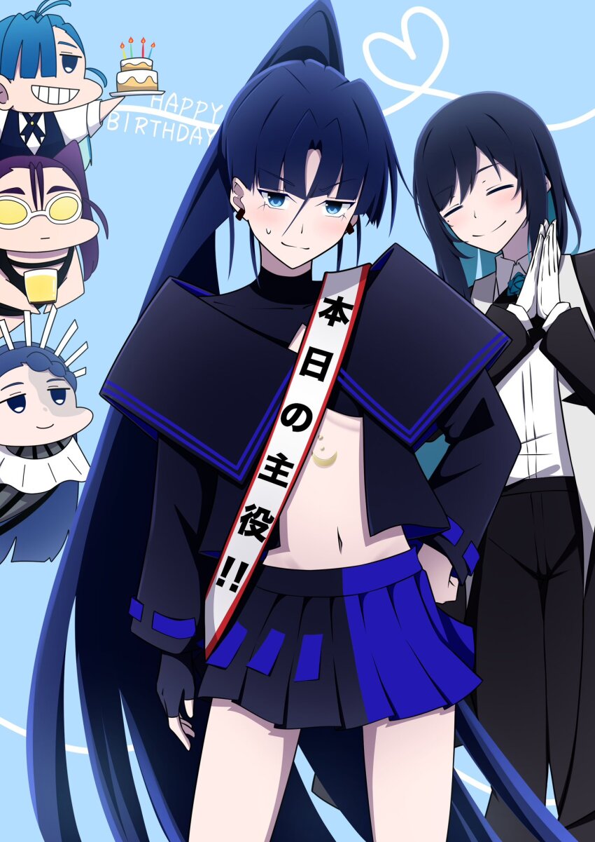 5girls, ado_(utaite), bikini, birthday_cake, black_bikini, black_coat, black_gloves, black_pants, black_shirt, black_skirt, blue_eyes, blue_flower, blue_hair, blue_ribbon, blue_rose, blue_skirt, blue_vest, braid, braided_bangs, brooch, cake, chando_(ado), chibi, closed_mouth, coat, collared_shirt, colored_inner_hair, crown, dress_shirt, earrings, fingerless_gloves, flower, flower_brooch, food, gira-gira-chan_(ado), gira_gira, gloves, hair_between_eyes, hair_over_one_eye, happy_birthday, highres, jewelry, long_hair, merry_(ado), midriff, mole, mole_under_eye, multicolored_hair, multiple_girls, naima_(ado), neck_ribbon, nori_(norinori_yrl), odo-chan_(ado), odo_(song), open_clothes, open_coat, open_shirt, own_hands_together, pants, pleated_skirt, ponytail, purple_hair, readymade_(ado), ribbon, rose, shirt, single_glove, skirt, smile, sunglasses, swimsuit, tinted_eyewear, translation_request, two-tone_skirt, usseewa, utaite, very_long_hair, vest, white_background, white_gloves, white_shirt, yellow-tinted_eyewear