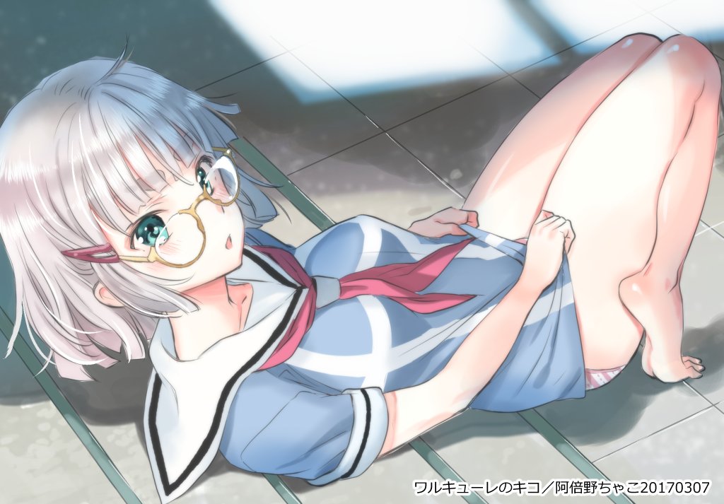 1girl, abeno_chako, bare_legs, blush, breasts, commentary_request, from_above, full_body