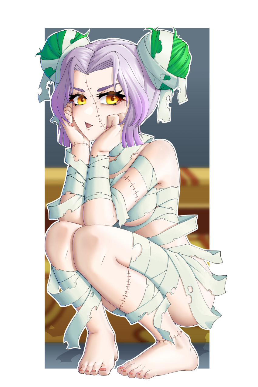 absurdres, barefoot, feet, halloween_costume, highres, indie_virtual_youtuber, multicolored_hair, mummy_costume, pafu_(vtuber), painted_toes, squatting, stitches, torn_clothes, virtual_youtuber, yellow_eyes