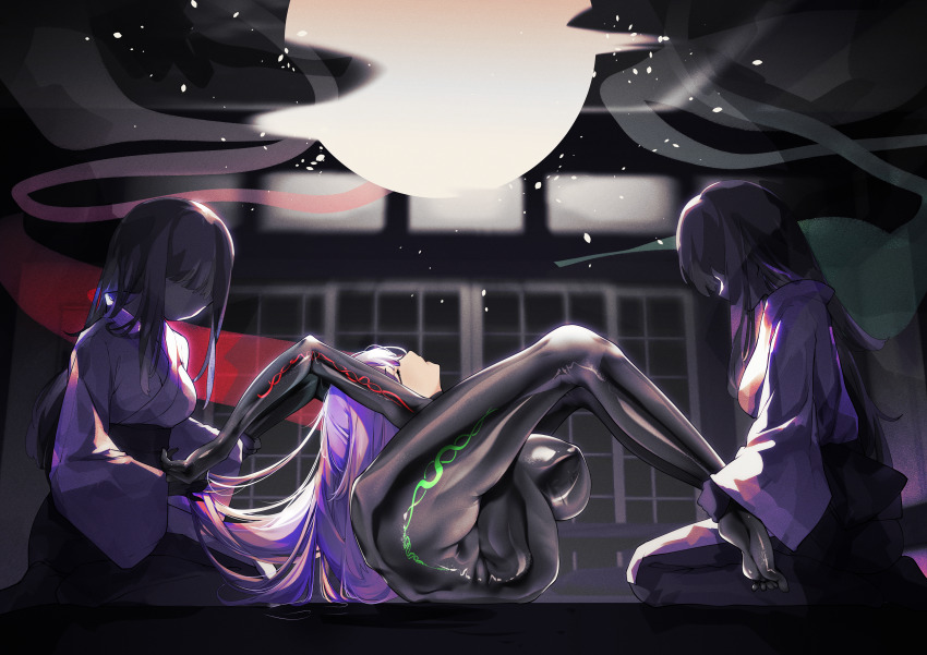 3girls, absurdres, asagami_fujino, bodysuit, breasts, closed_eyes, contortion, faceless, flexible, highres, huge_breasts, japanese_clothes, kimono, latex, latex_bodysuit, long_hair, medium_breasts, moon, multiple_girls, original, parted_lips, purple_hair, quadfold, senjou_teki_rouso, thighs