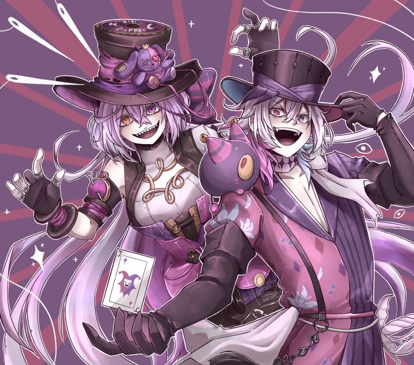 1boy, 1girl, black_gloves, blue_eyes, blue_hair, card, coat, commentary