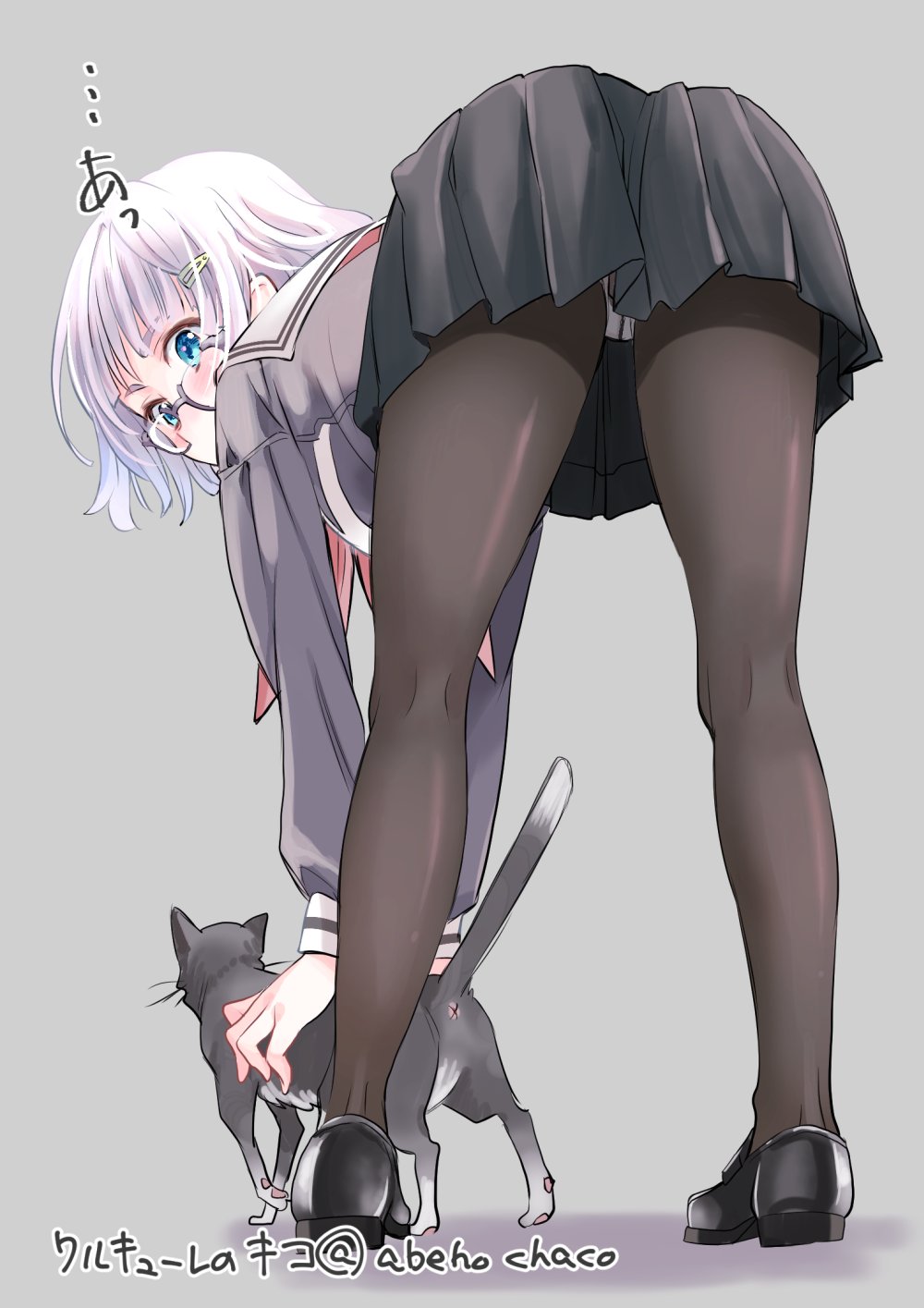 1girl, abeno_chako, artist_name, ass, bent_over, black_pantyhose, blue_eyes, cat