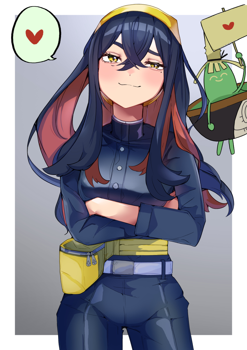 1girl, absurdres, bag, belt, belt_buckle, black_hair, border, buckle