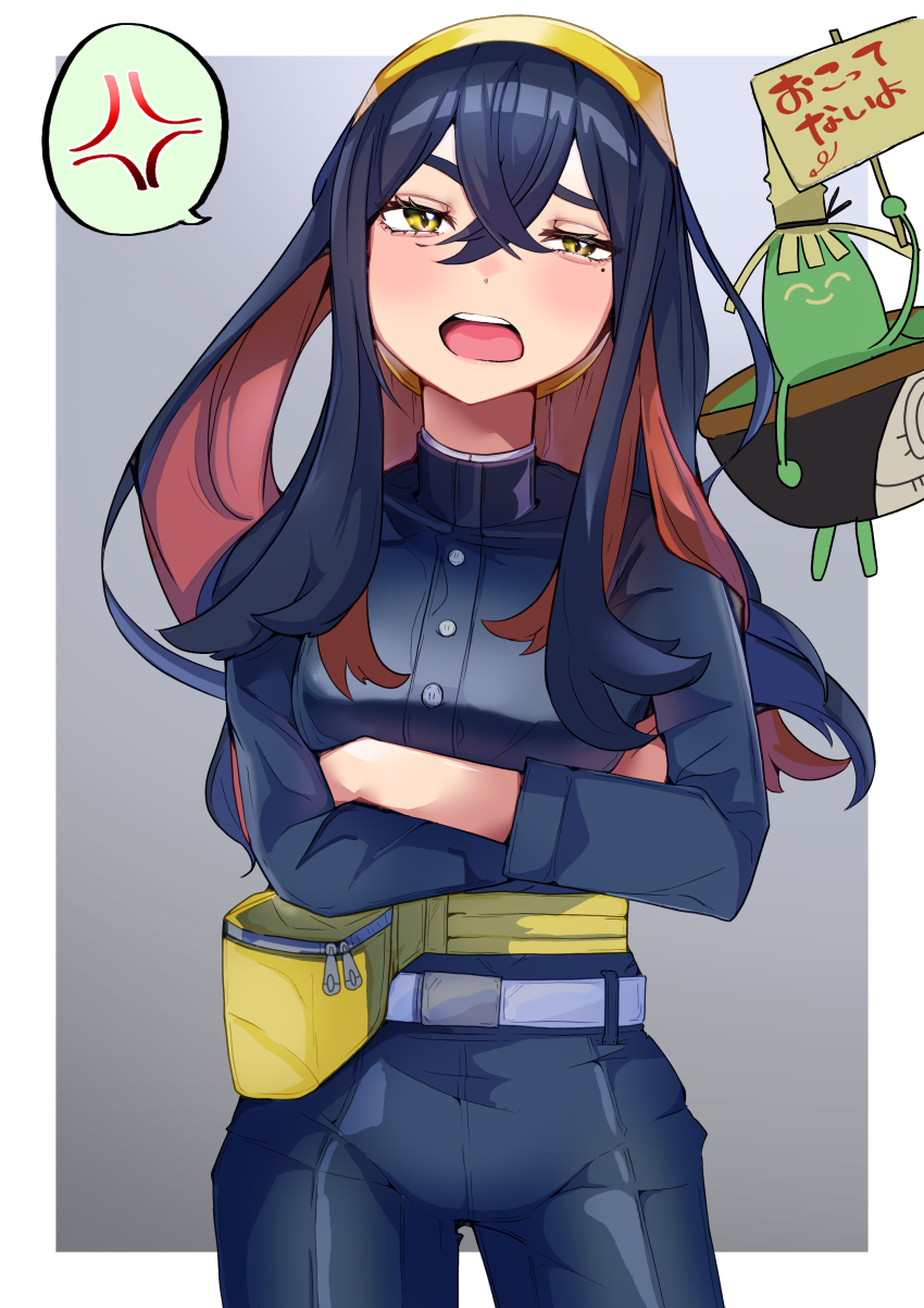 1girl, absurdres, anger_vein, bag, belt, belt_buckle, black_hair, border