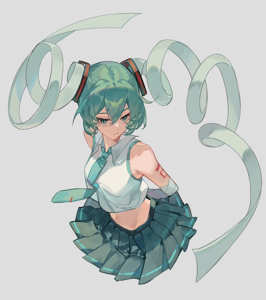 1girl, :/, alternate_hair_length, alternate_hairstyle, arms_behind_back, bare_shoulders, collared_shirt, cropped_legs