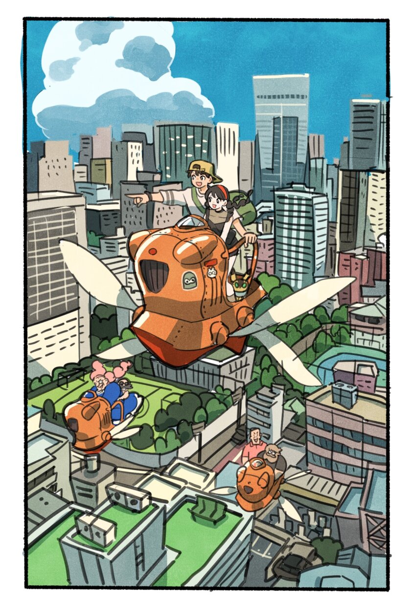 2girls, 4boys, beard, black_hair, blue_dress, braid, braided_twintails, building