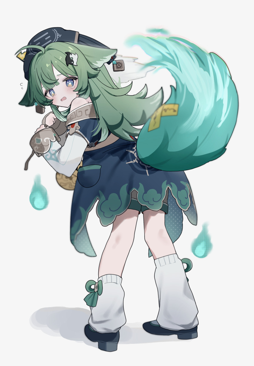 1girl, absurdres, ahoge, animal_ears, bare_shoulders, black_footwear, brown_shorts, commentary