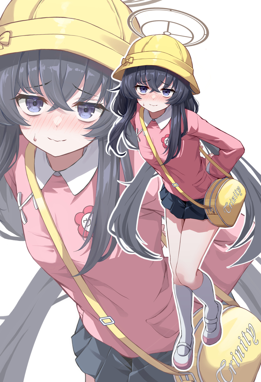 1girl, absurdres, alternate_costume, arms_behind_back, black_hair, blue_archive, blue_eyes, blue_skirt