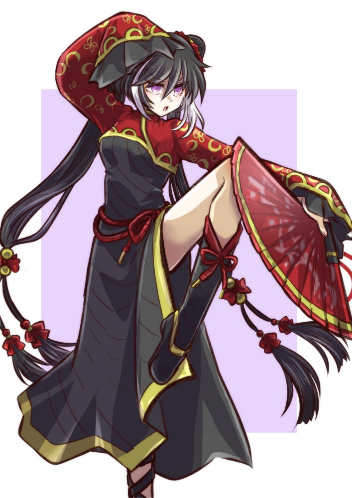 1girl, :o, arm_up, black_dress, black_footwear, black_hair, black_socks, breasts