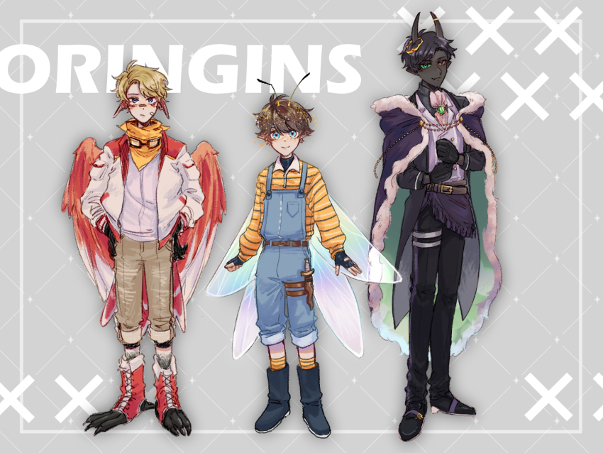 3boys, adapted_costume, animal_ears, animal_feet, antennae, arthropod_boy, bee_boy, bird_boy