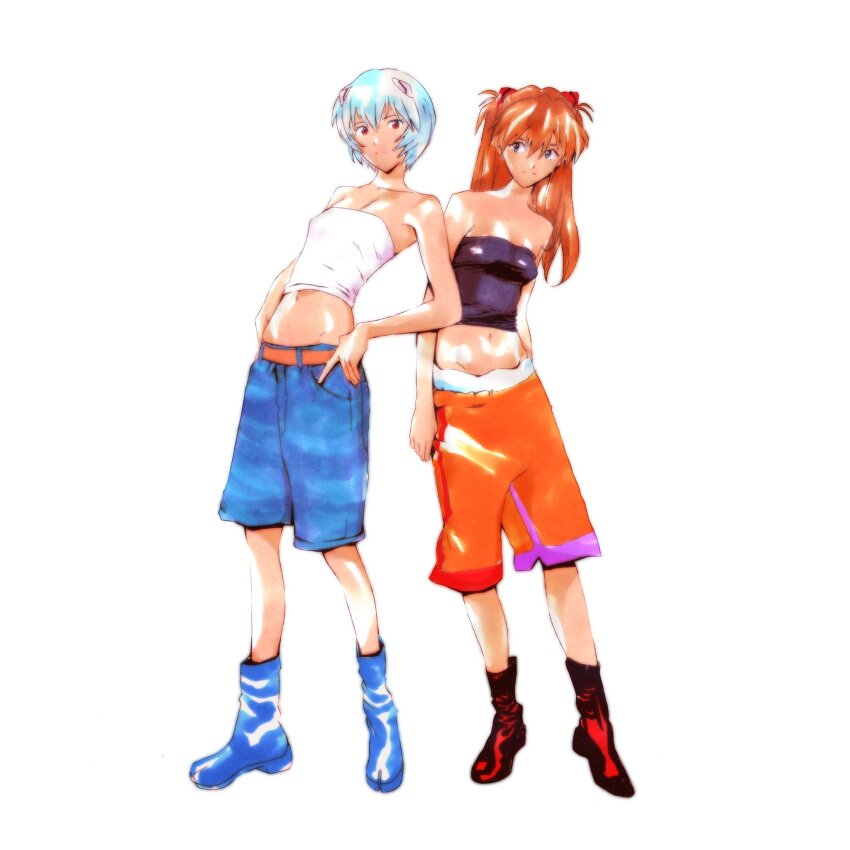 2girls, artbycale, ayanami_rei, bare_arms, bare_shoulders, belt, black_footwear, black_shirt, blue_eyes, blue_footwear, blue_hair, blue_shorts, boots, breasts, cleavage, closed_mouth, denim, denim_shorts, full_body, hair_between_eyes, half_updo, hands_on_own_hips, headgear, highres, long_hair, medium_breasts, midriff, multiple_girls, navel, neon_genesis_evangelion, orange_hair, orange_shorts, red_eyes, shirt, short_hair, short_twintails, shorts, souryuu_asuka_langley, standing, strapless, traditional_media, tube_top, twintails, white_background, white_shirt