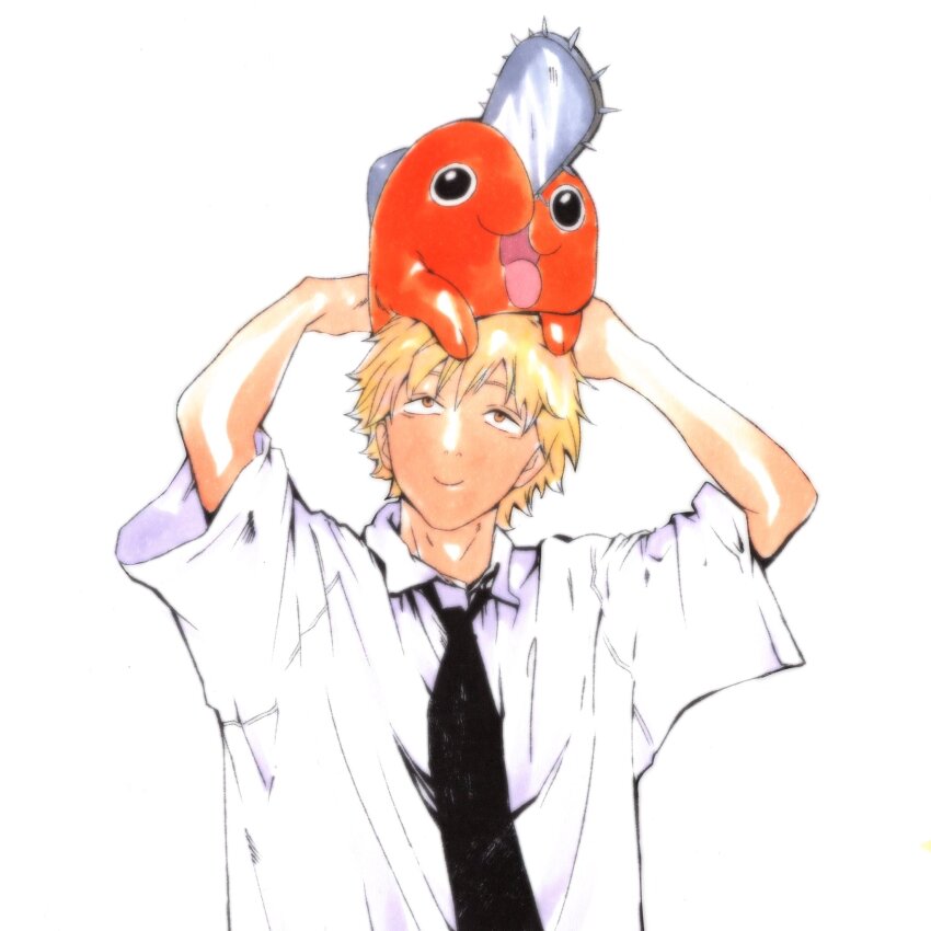 1boy, animal, animal_on_head, artbycale, black_necktie, blonde_hair, brown_eyes, chainsaw