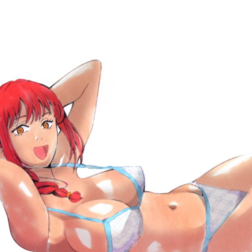1girl, arms_behind_head, artbycale, bikini, blue_trim, braid, breasts, chainsaw_man, cleavage, hair_over_shoulder, hair_tie, highres, large_breasts, looking_at_viewer, makima_(chainsaw_man), navel, open_mouth, orange_eyes, reclining, red_hair, ringed_eyes, sidelocks, single_braid, smile, solo, swimsuit, upper_body, white_background, white_bikini