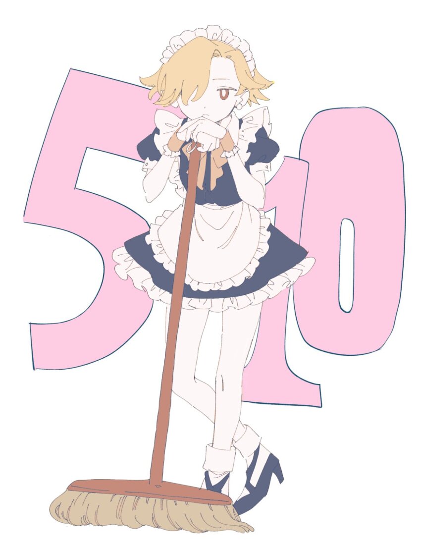 1girl, alternate_costume, apron, black_dress, black_footwear, blonde_hair, bow, bowtie