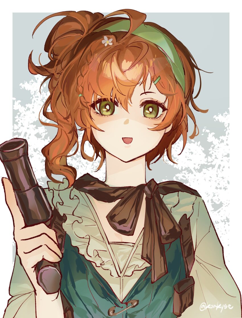 1girl, :d, absurdres, border, bright_pupils, flower, green_hairband, green_vest