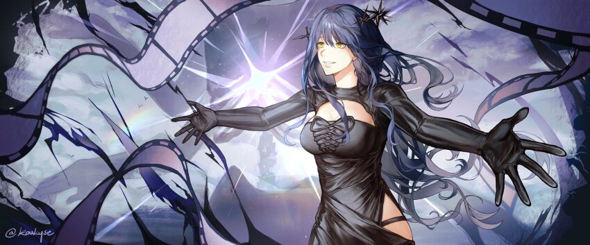 1girl, absurdres, arcana_(reverse:1999), black_dress, black_gloves, blue_background, blue_hair, breasts