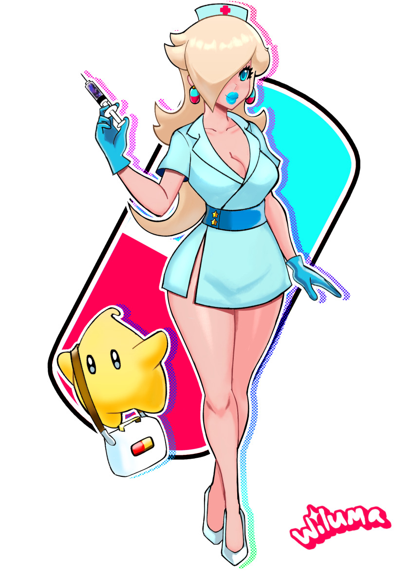 1girl, 1other, absurdres, blonde_hair, blue_eyes, blue_lips, dr._luma, dr._mario_(game), dr._mario_world, earrings, gloves, hat, high_heels, highres, jewelry, looking_at_viewer, luma_(mario), mario_(series), nintendo, nurse, nurse_cap, pill_earrings, rosalina, standing, super_mario_galaxy, syringe, wiluma