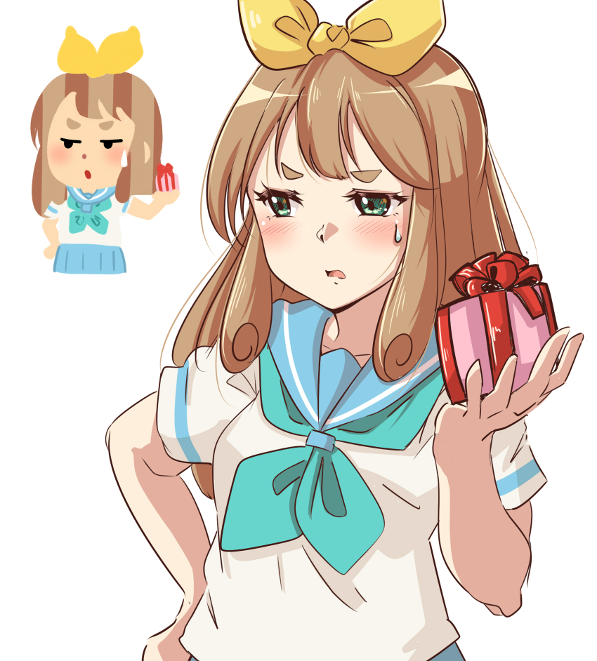 1girl, absurdres, alternate_art_style, blue_neckerchief, blue_skirt, brown_hair, embarrassed, gift