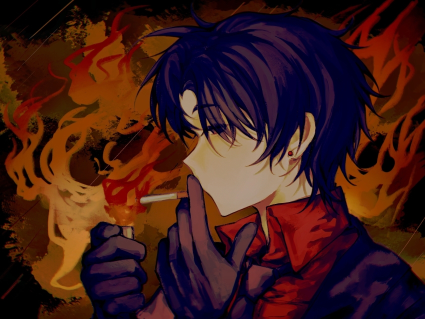 1boy, black_gloves, black_hair, black_jacket, black_necktie, chinese_commentary, cigarette, collared_shirt
