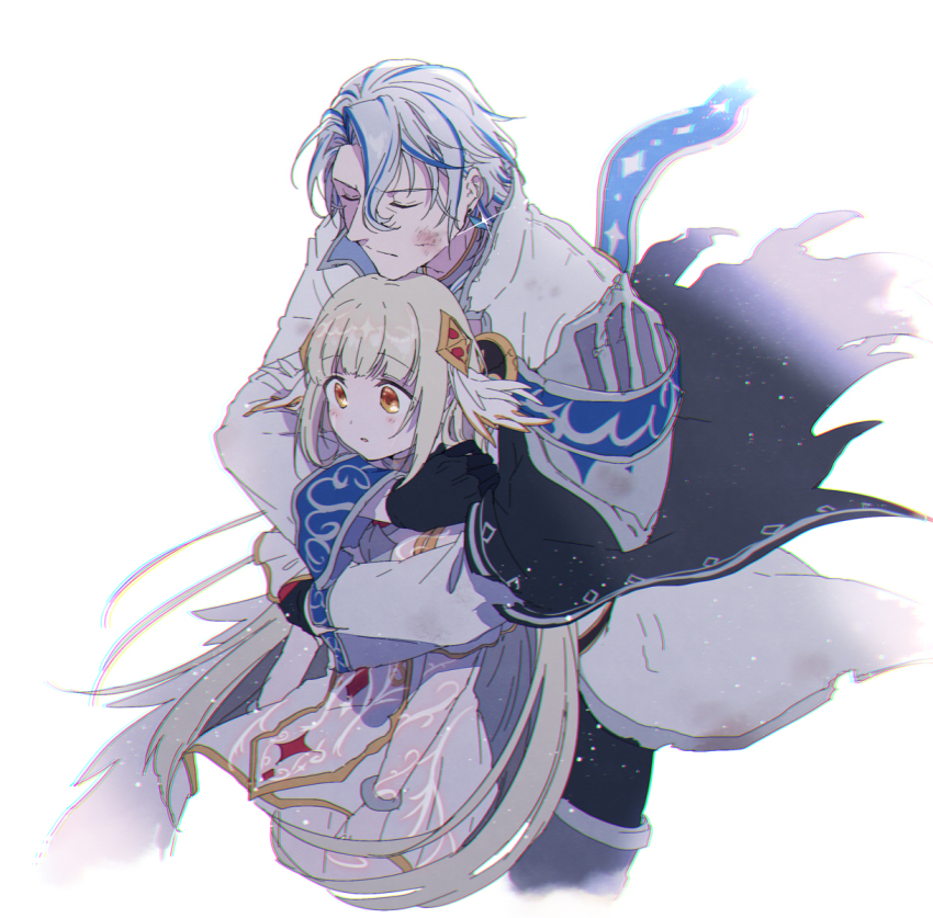 1boy, 1girl, 770_(mo70ot), ashley_dina, black_gloves, blue_hair, brown_hair, cape