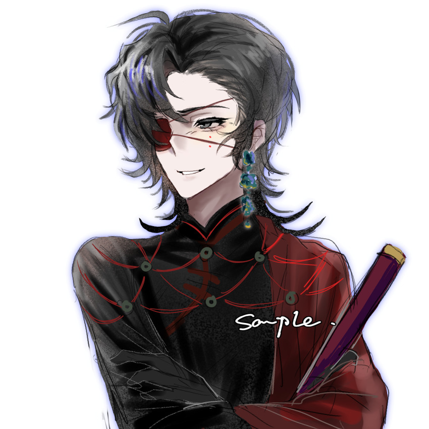 1boy, asymmetrical_bangs, black_eyes, black_gloves, black_hair, black_shirt, chinese_commentary, chu_yujun