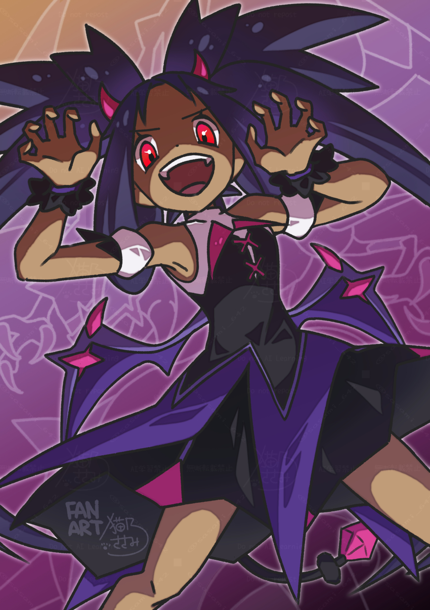 1girl, :d, absurdres, armlet, black_dress, black_hair, claw_pose, commentary_request, dark-skinned_female, dark_skin, dress, fake_horns, halloween_costume, hands_up, happy, highres, horns, iris_(fall_2022)_(pokemon), iris_(pokemon), jewelry, knees, legs_apart, long_hair, nintendo, official_alternate_costume, open_mouth, pink_eyes, pokemon, pokemon_masters_ex, purple_background, sasami_642, smile, teeth, tongue, twintails, upper_teeth_only, wrist_cuffs