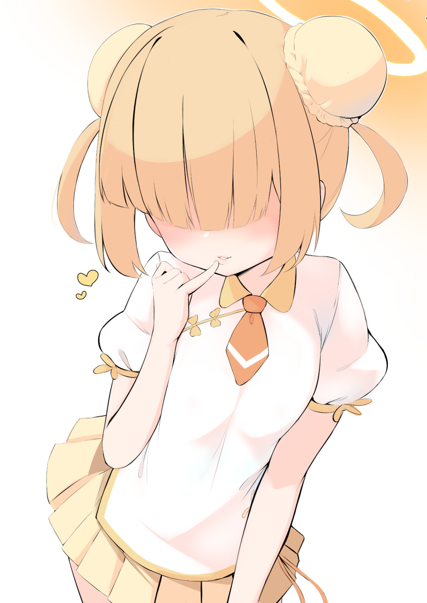 1girl, blonde_hair, blue_archive, blush, bun_cover, collared_shirt, double_bun, erogomatinpo, finger_to_mouth, hair_bun, hair_over_eyes, halo, heart, highres, long_bangs, miniskirt, necktie, parted_lips, pleated_skirt, puffy_short_sleeves, puffy_sleeves, red_necktie, shanhaijing_secondary_school_student_(blue_archive), shirt, short_necktie, short_sleeves, simple_background, skirt, solo, white_background, white_shirt, yellow_halo, yellow_skirt