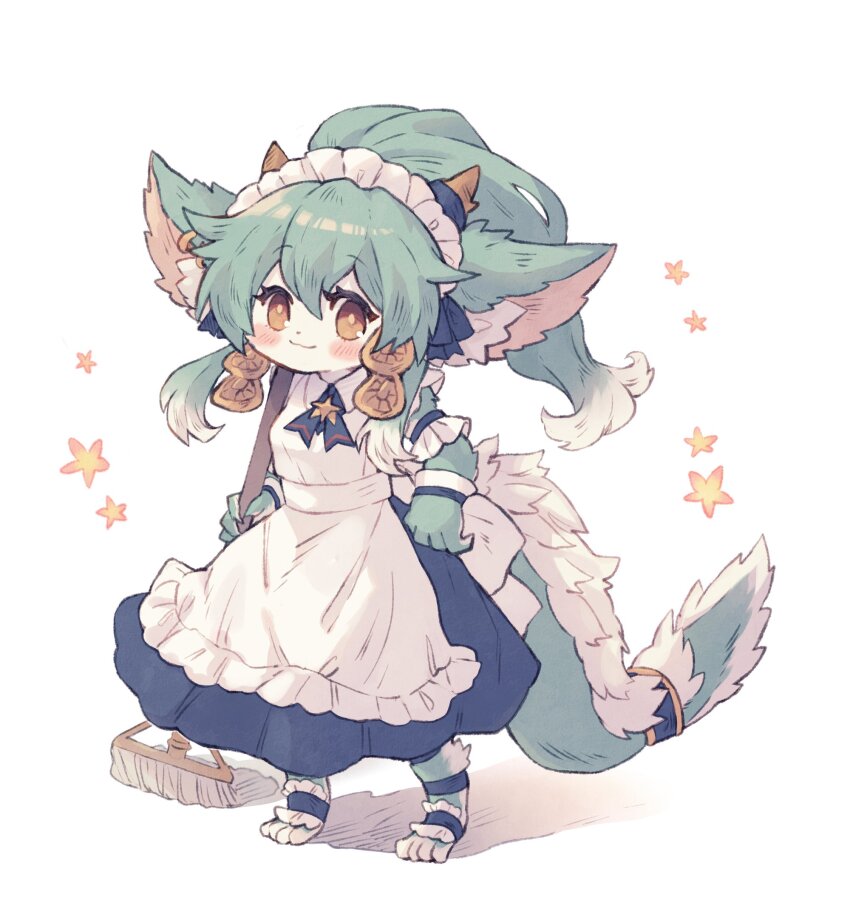 1girl, animal_ears, apron, black_dress, body_fur, breasts, dress, firo_(puzzle_&amp;_dragons), frilled_apron, frills, green_fur, highres, holding, holding_mop, large_ears, long_hair, looking_at_viewer, maid, maid_apron, maid_headdress, mop, oyu_(frypandepan), puzzle_&amp;_dragons, smile, solo, star_(symbol), tail, two-tone_fur, white_apron, white_fur