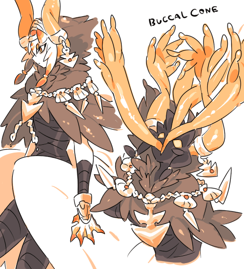 1boy, anchor_necklace, anchor_symbol, arm_hair, arm_wrap, arms_up, bandaged_arm, bandaged_leg, bandaged_stomach, bandages, black_bandages, black_cloak, black_hair, black_skin, chain, claws, cloak, closed_mouth, colored_inner_hair, colored_skin, colored_tips, english_text, extra_arms, eyes_in_shadow, facing_to_the_side, fingernails, from_side, gem, hair_between_eyes, head_back, hood, hood_up, hooded_cloak, horns, inu_fuji, jewelry, leg_wrap, long_hair, low_wings, ma-curi_(inu_fuji), male_focus, monster_boy, multicolored_hair, multicolored_skin, multiple_views, necklace, orange_eyes, orange_hair, orange_horns, orange_skin, original, red_gem, sea_slug_boy, shaded_face, sharp_fingernails, shell, shell_necklace, short_hair, sidelocks, simple_background, skin-covered_horns, two-tone_skin, upper_body, webbed_hands, white_background, white_hair, white_horns, white_skin, white_wings, wings