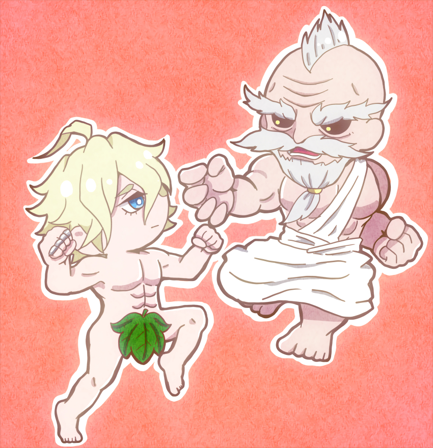 2boys, abs, absurdres, adam_(shuumatsu_no_valkyrie), ahoge, ancient_greek_clothes, beard, blonde_hair