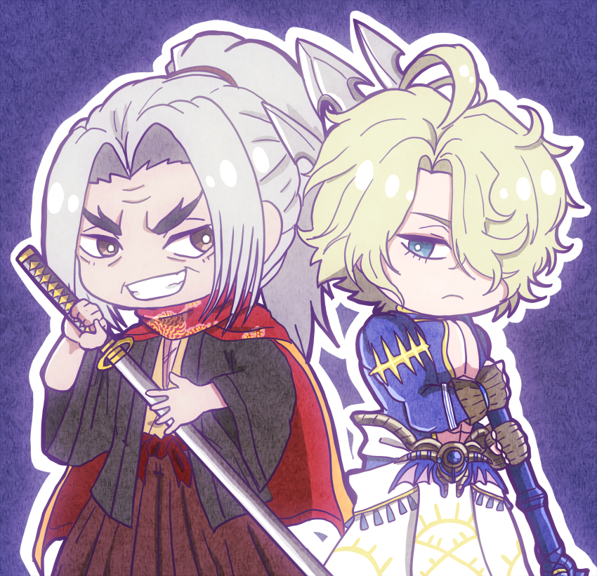 2boys, ahoge, black_haori, blonde_hair, blue_eyes, bow, brown_eyes, brown_hakama