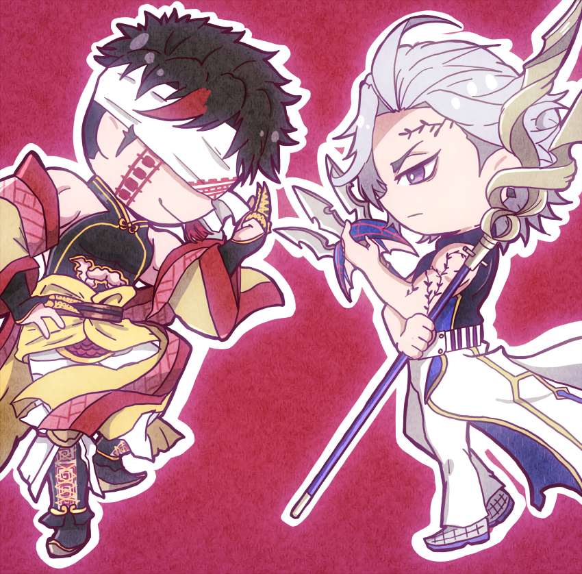 2boys, absurdres, armor, bare_shoulders, black_footwear, black_hair, blindfold, centipede_tattoo