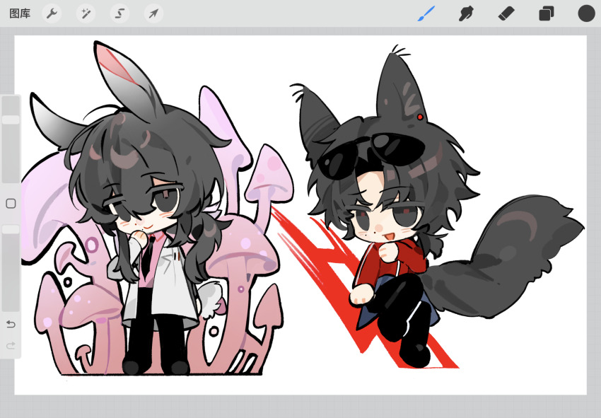 2boys, alabaster_(fuzixi17884), animal_ear_piercing, animal_ears, art_program_in_frame, black_eyes, black_hair, black_necktie