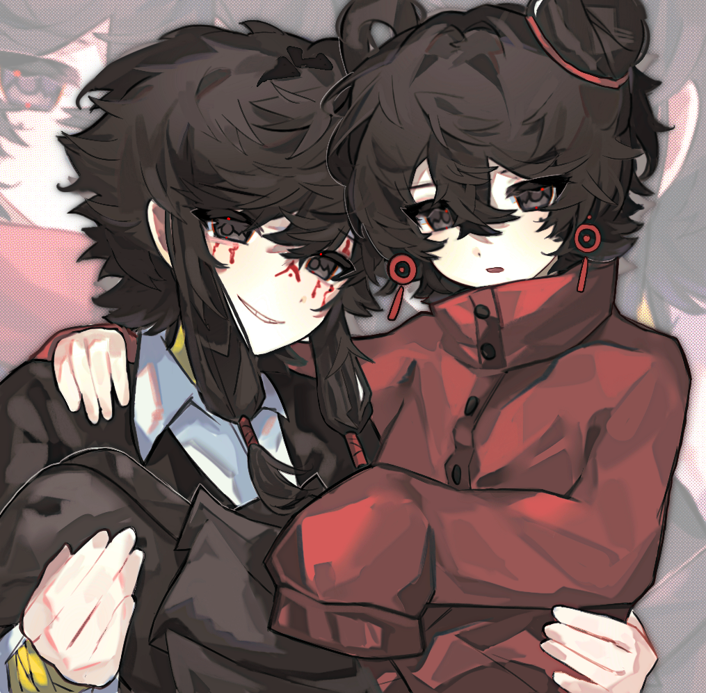 1boy, 1girl, black_eyes, black_hair, black_jacket, black_pantyhose, black_skirt, carrying