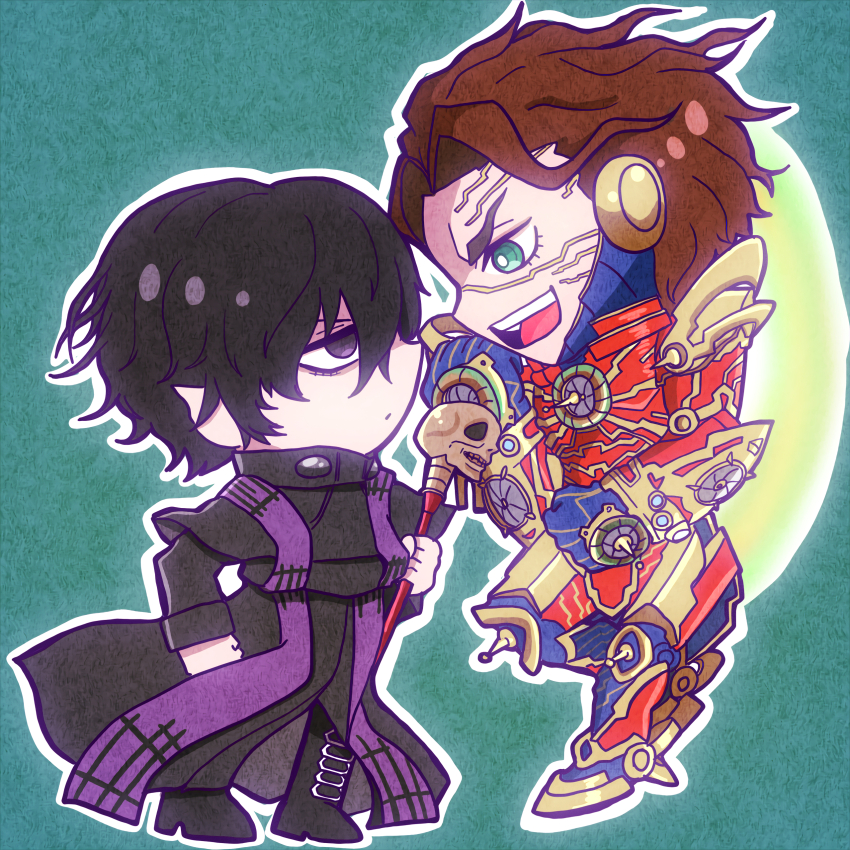 2boys, absurdres, armor, beelzebub_(shuumatsu_no_valkyrie), black_eyes, black_hair, black_robe, blue_armor